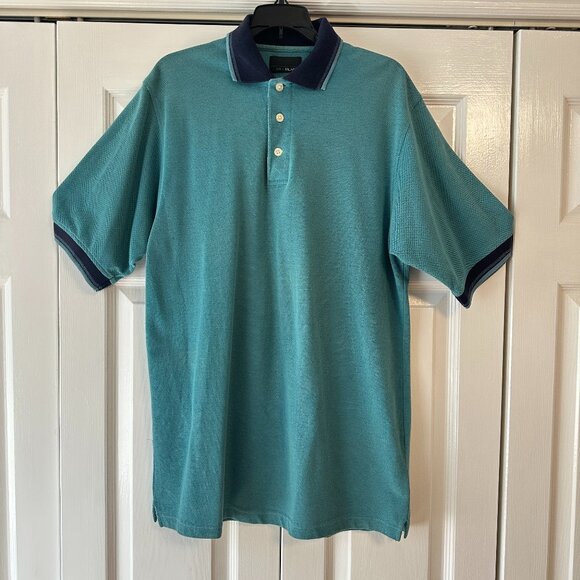 Bill Blass Mens Medium Button Short Sleeve Polo Shirt Green and Navy Blue Vtg - Picture 2 of 10